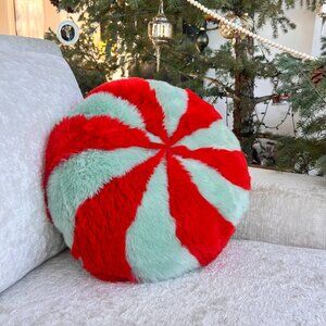 Discontinued Brand New Anthropologie Peppermint  Green&Red Faux Fur Pillow